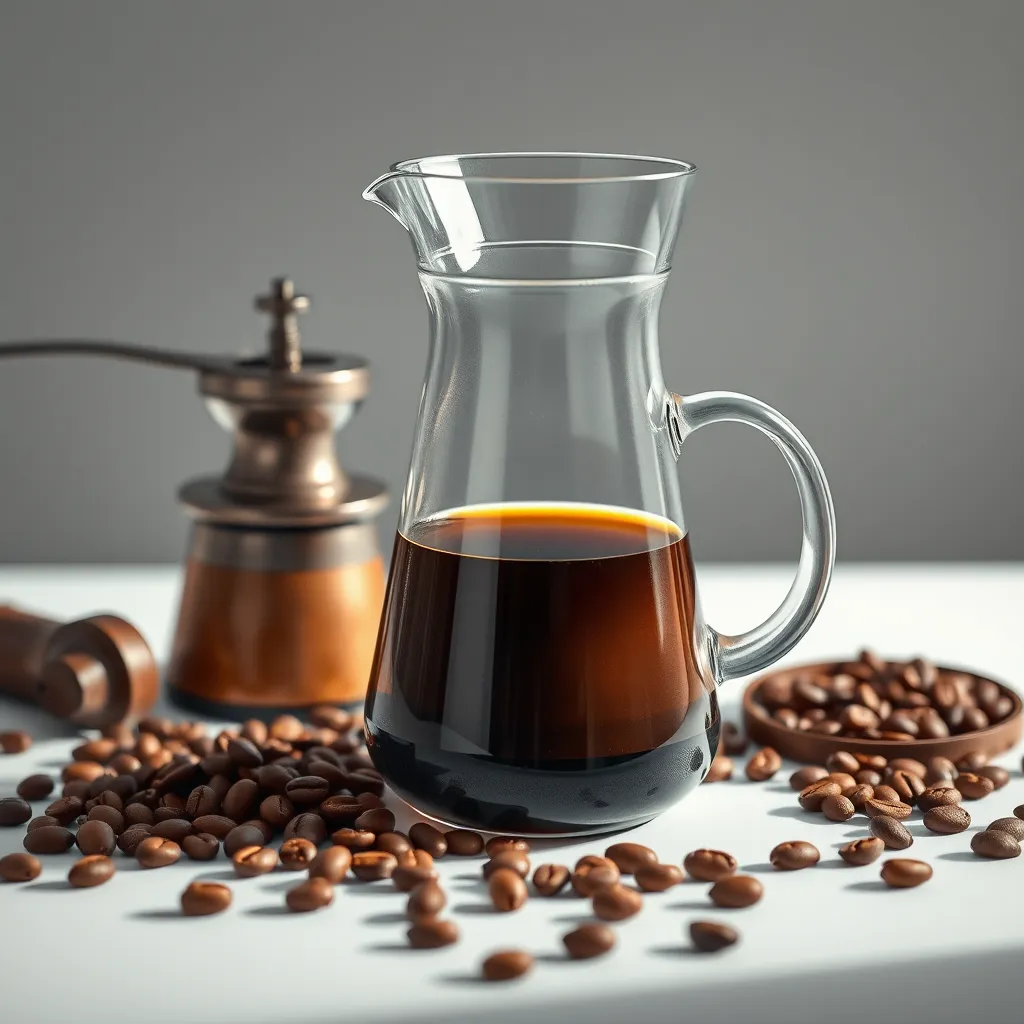 A minimalist, still life image of a clear glass carafe filled with freshly brewed filter coffee, surrounded by coffee beans and a vintage grinder.  The image should convey a sense of elegance and simplicity.