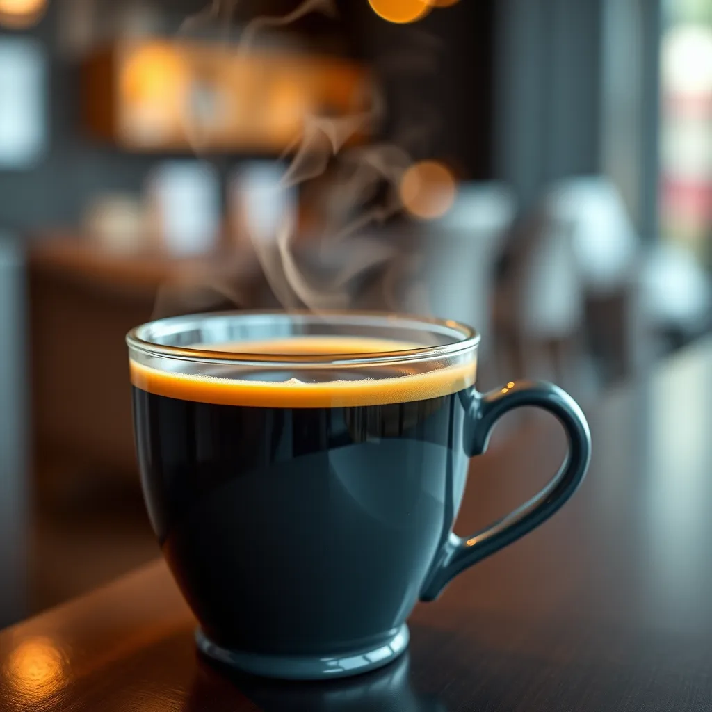 A stylish coffee cup filled with freshly brewed coffee, steaming gently. The coffee should have a rich, inviting aroma and be presented in a contemporary setting. The background should be blurred, focusing attention on the cup and the steaming coffee, creating a sense of anticipation and pleasure.
