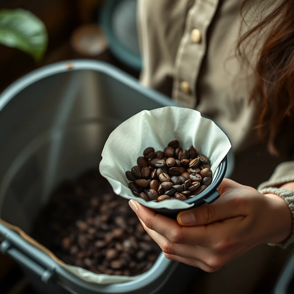 A woman holding a reusable filter filled with freshly ground coffee beans, with a compost bin in the background filled with coffee grounds. The image conveys a sense of sustainability and environmental consciousness, highlighting the natural elements of the process.